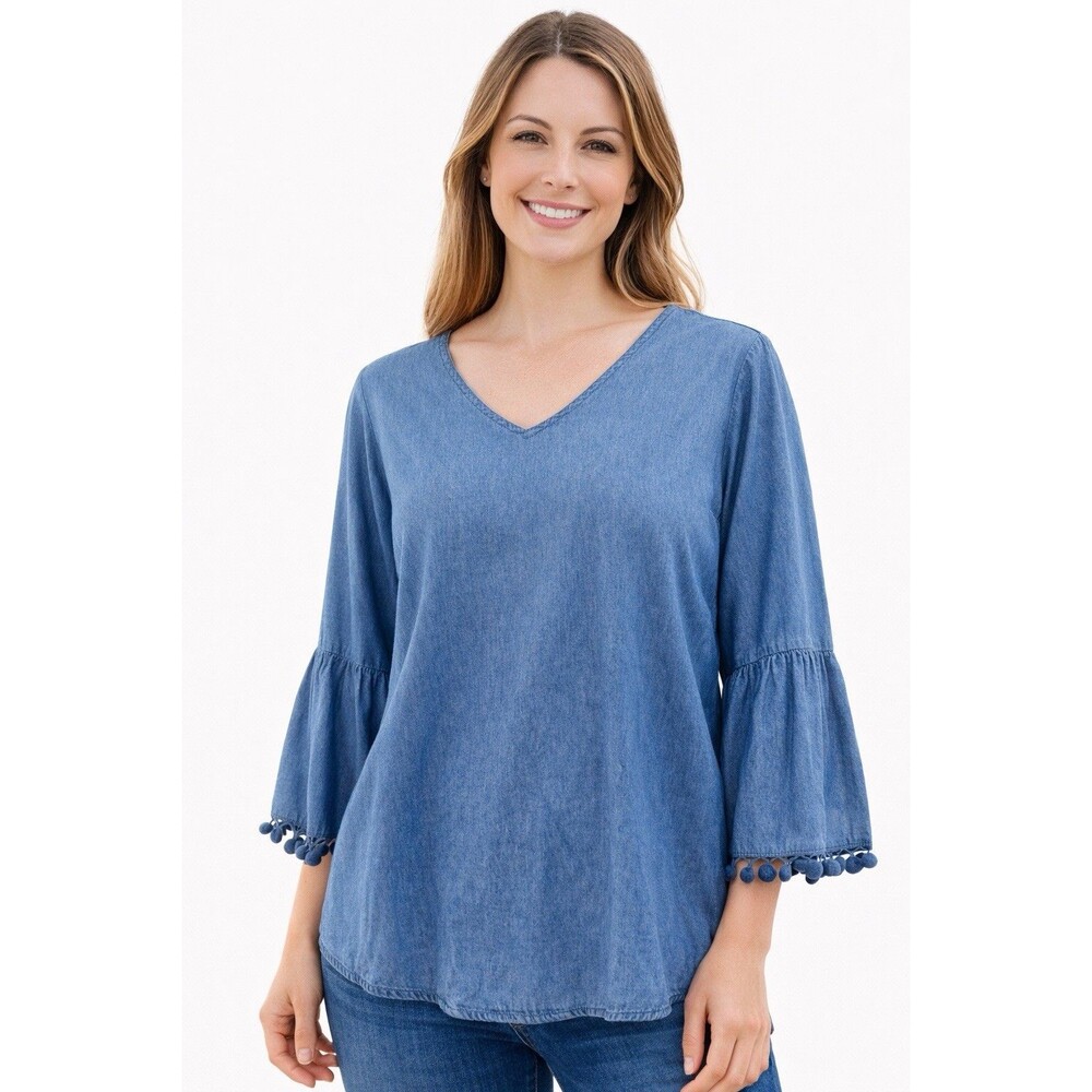 Hester & Orchard Womens Chambray Blue‎ Boho Pom Pom Sleeve Blouse Top Size L